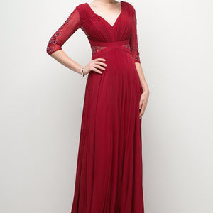 Burgundy V-Neckline Evening Long Dress